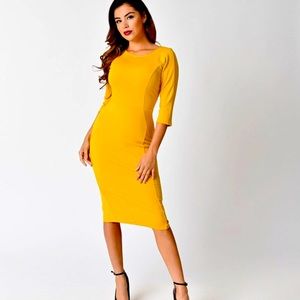 Unique Vintage Mod 60s Wiggle Pencil Dress mustard goldenrod yellow pinup